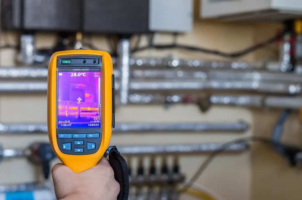 Hand holding a thermal imaging camera or infrared camera pointed at industrial pipes